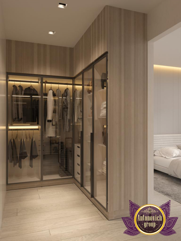 Elegant walk-in closet with stylish lighting and decor