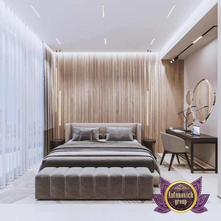 Elegant bedroom with plush bedding and modern decor