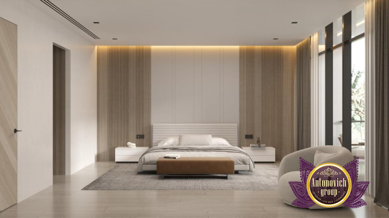 Cozy minimalist luxury bedroom with plush bedding and soft lighting