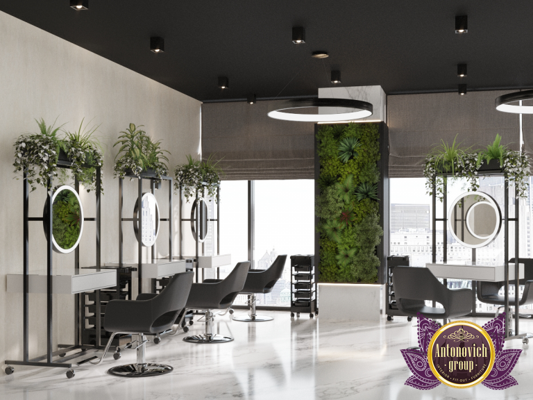 Sophisticated beauty salon design featuring opulent chandeliers in Dubai