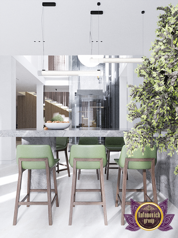 Stylish kitchen bar with modern stools and pendant lighting