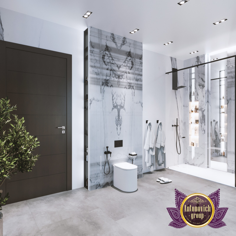 Spacious gray bathroom featuring a freestanding bathtub and sleek design