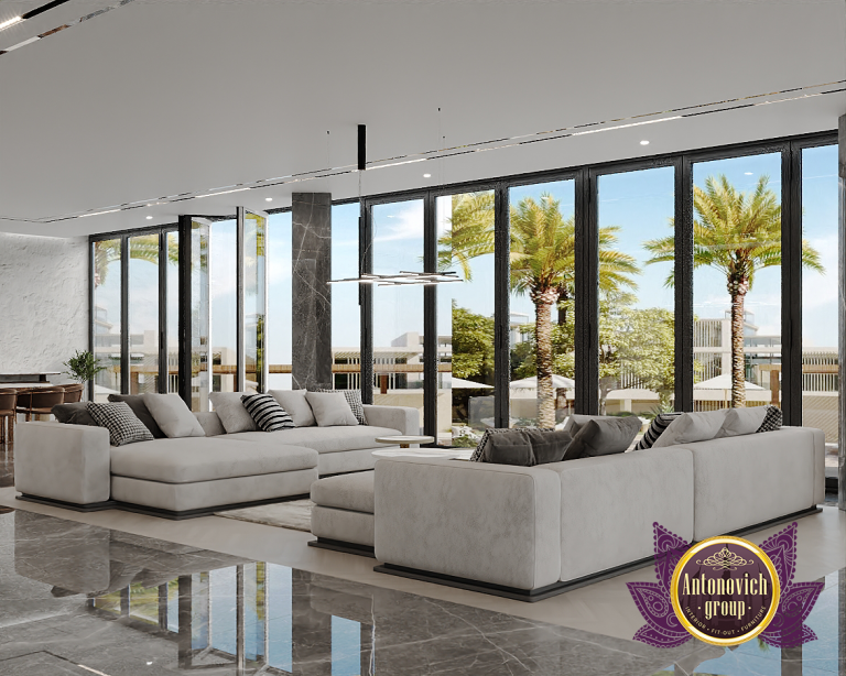 Stylish living room interior showcasing stunning huge glass windows