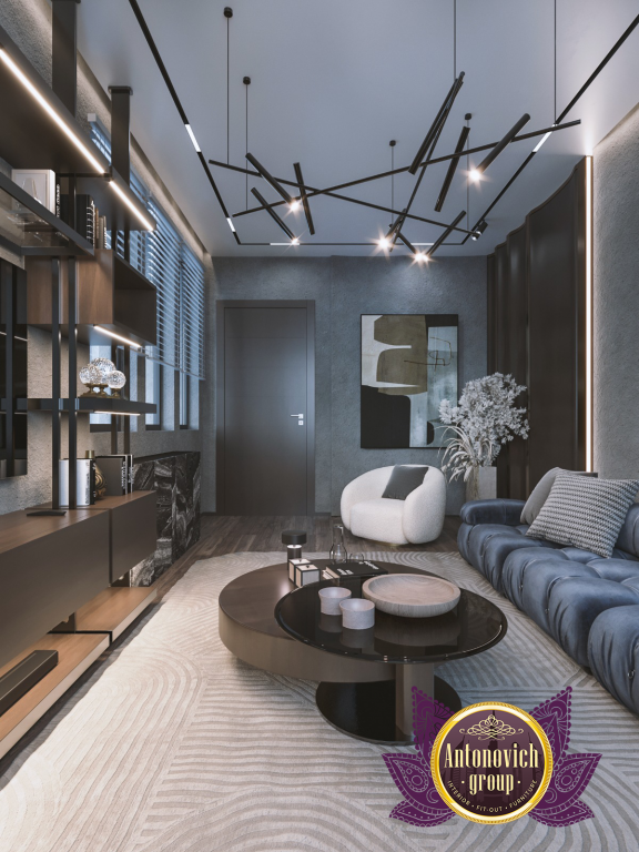 Elegant bachelor living room with modern furniture and lighting