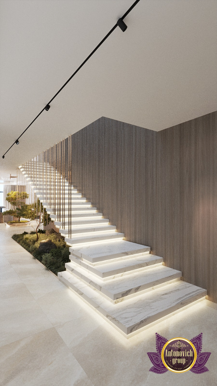 Floating wooden steps with minimalist design in an upscale residence