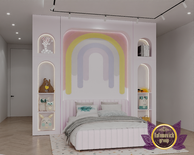 Elegant children's bedroom with plush furnishings and sophisticated decor