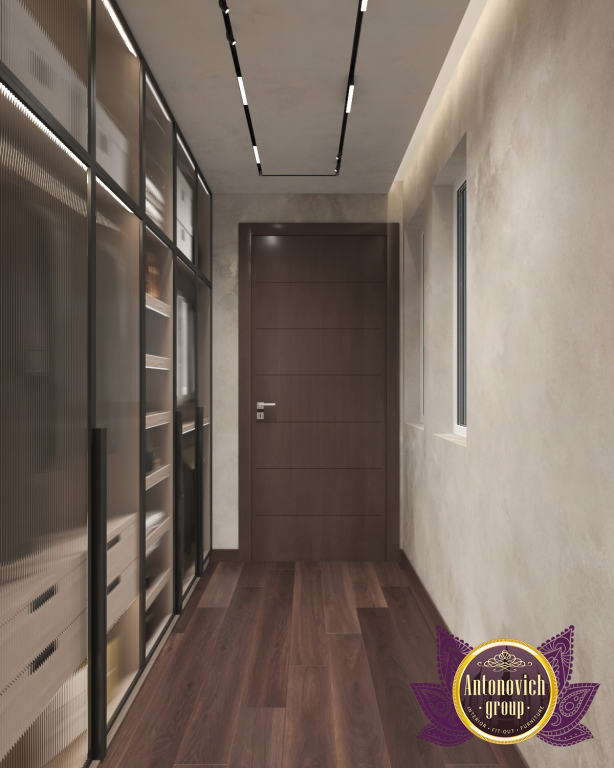 Elegant walk-in closet with sleek lighting and ample storage