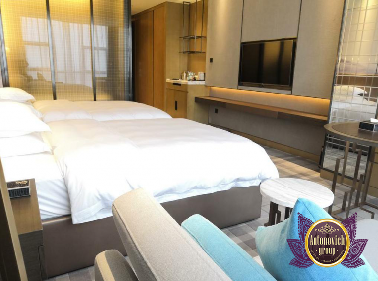 Stylish and comfortable bed with a modern design in a luxury hotel
