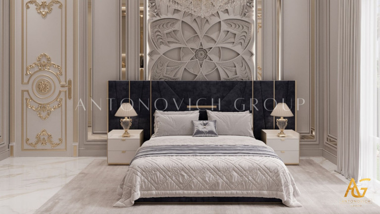 Modern classic bedroom interior with grey upholstered headboard and marble flooring