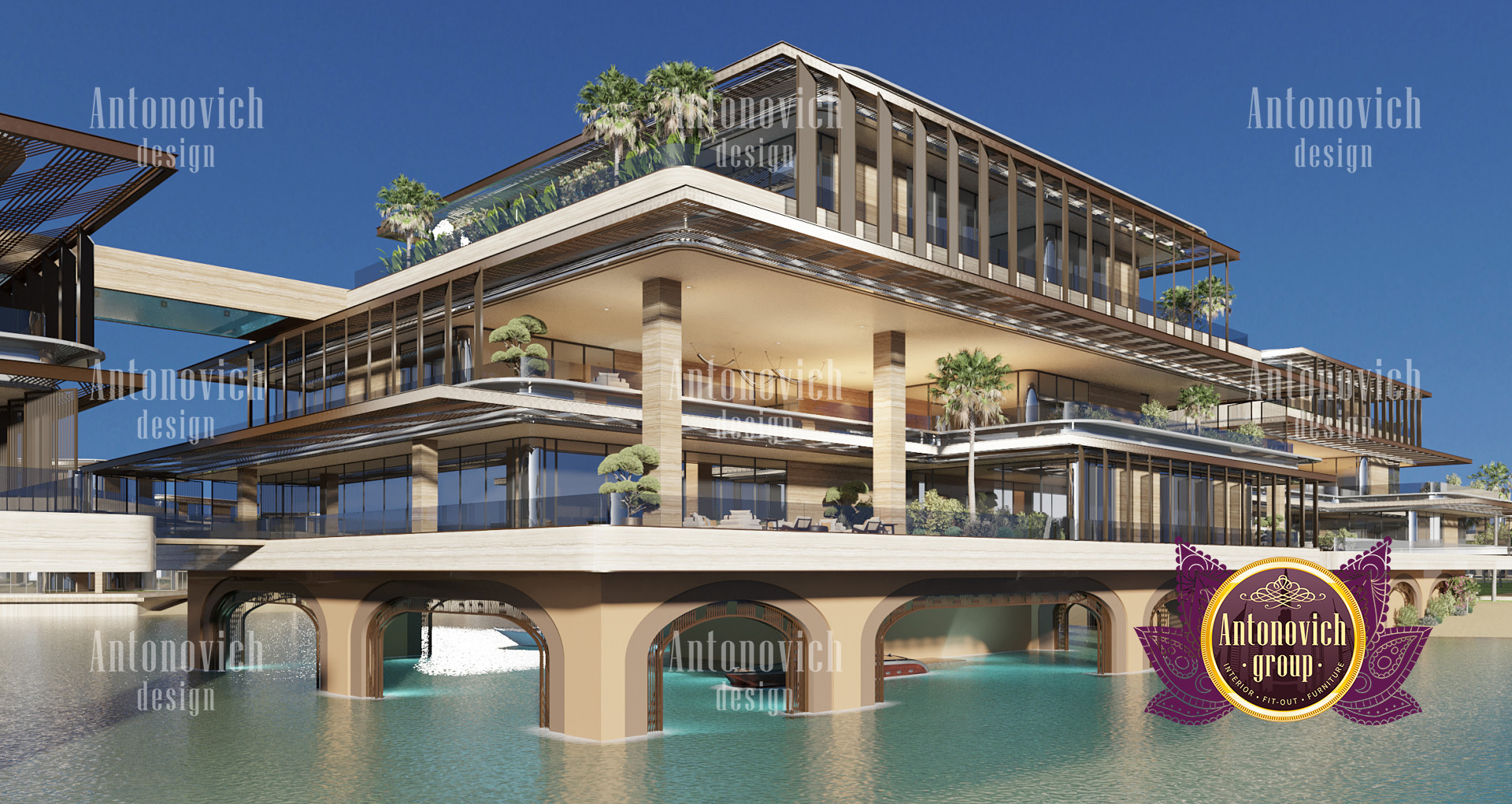 Luxurious waterfront architecture on Dubai Island: Multi-level building with expansive glass facades and palm-adorned terraces, showcasing exquisite Interior Design Dubai. Antonovich Design's creation blends modern opulence with tropical elements, partially extending over turquoise waters.