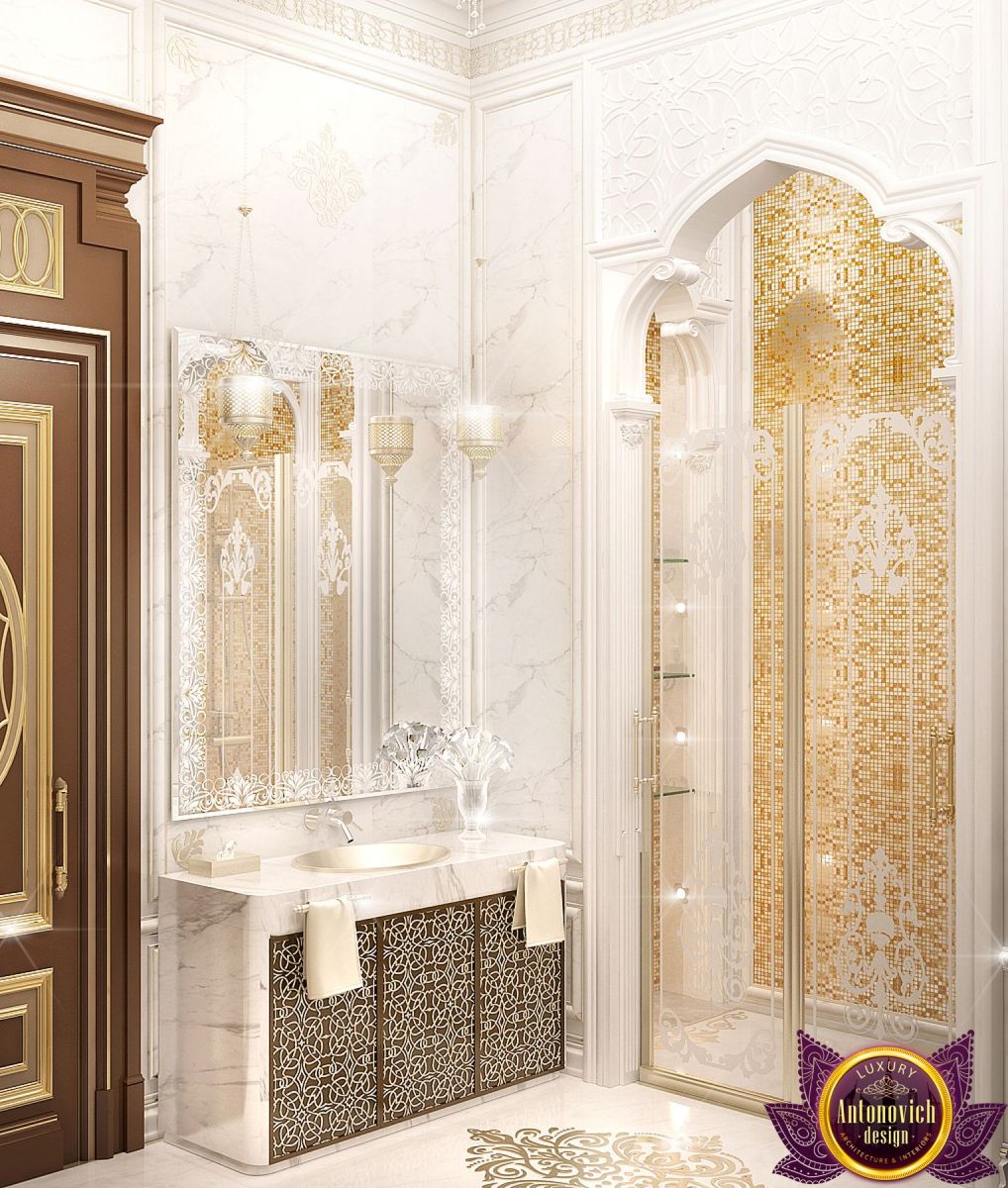 Luxurious bathroom with a statement chandelier
