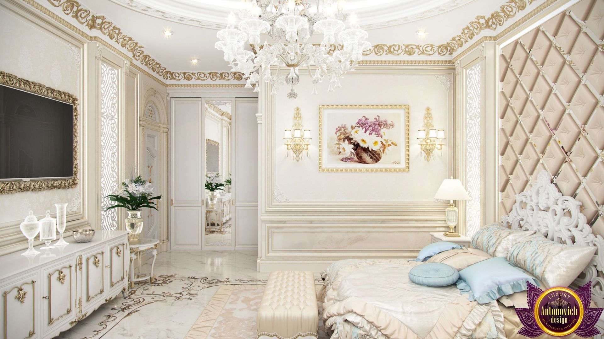Elegant master bedroom with luxurious bedding and chandelier