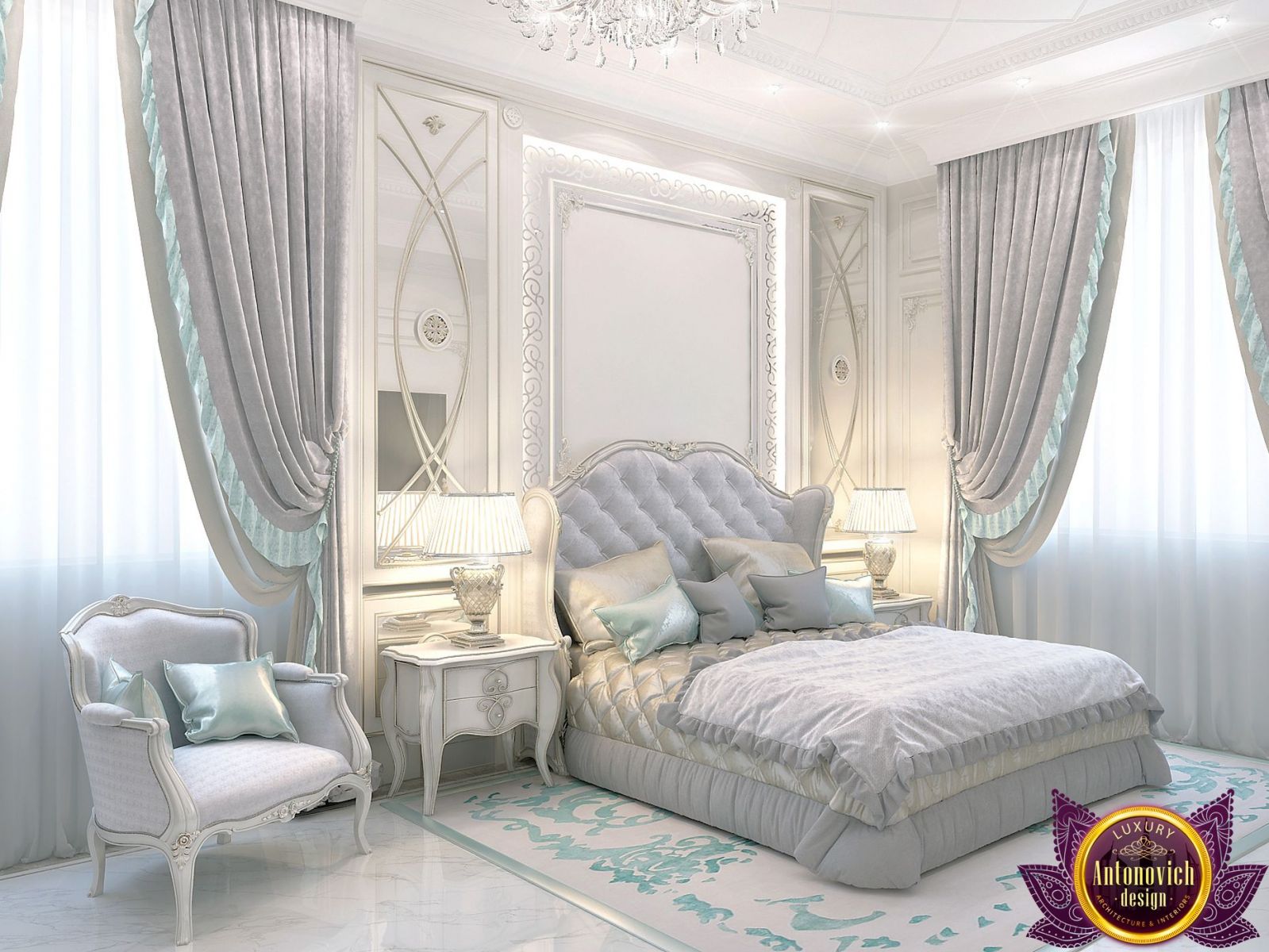 Exquisite chandelier illuminating a luxurious bedroom