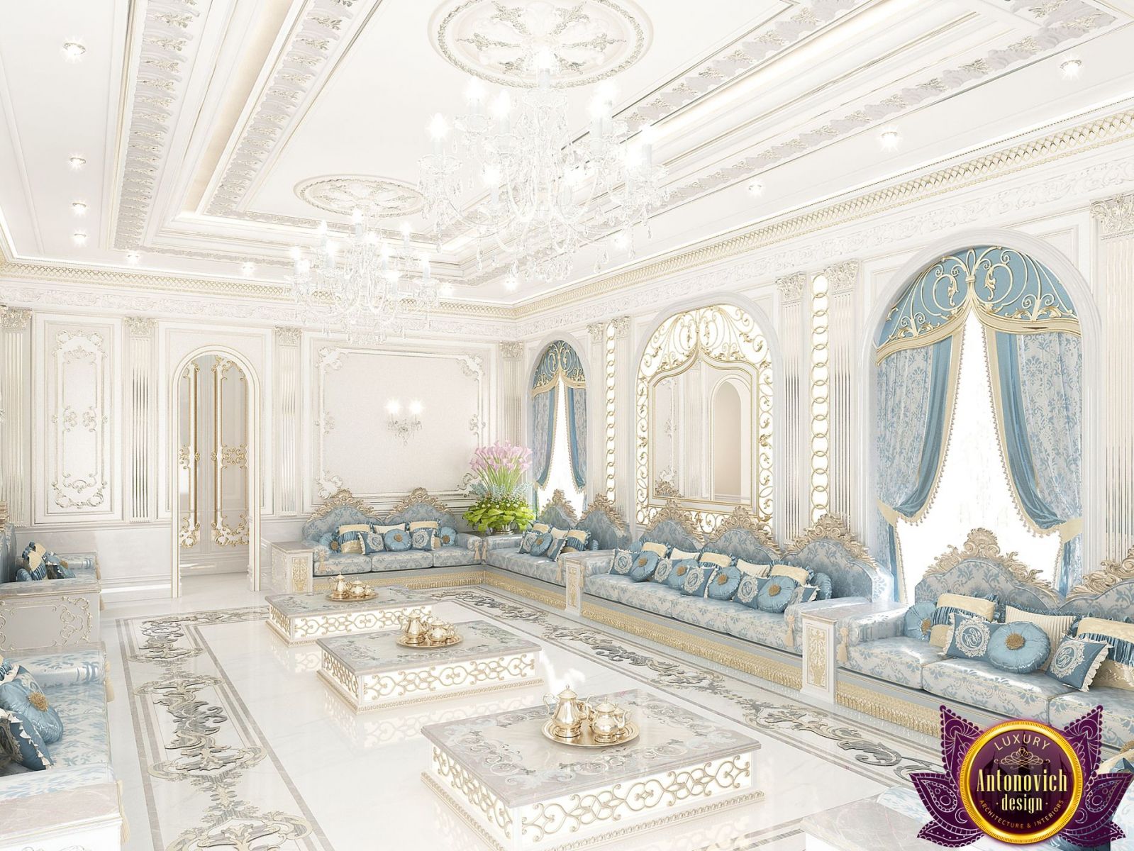 Modern Majlis design featuring unique lighting and furniture