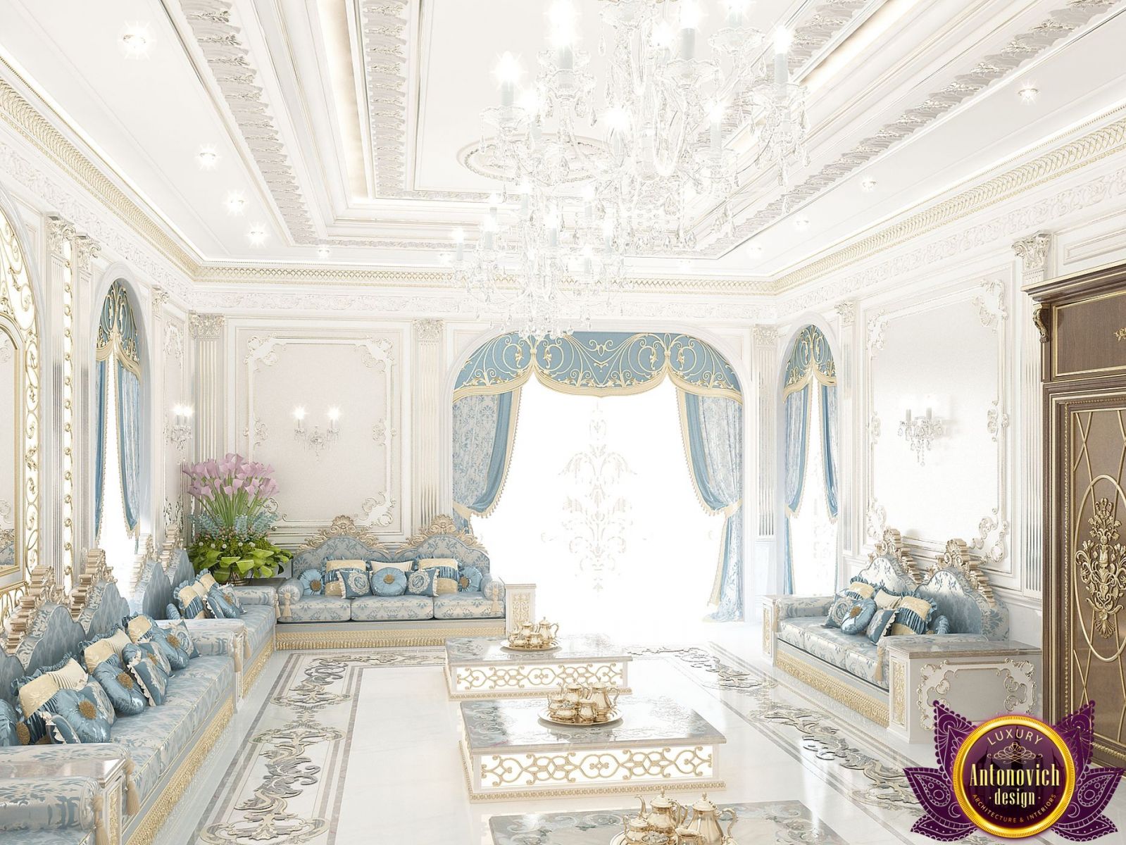 Elegant Majlis with gold accents and plush seating