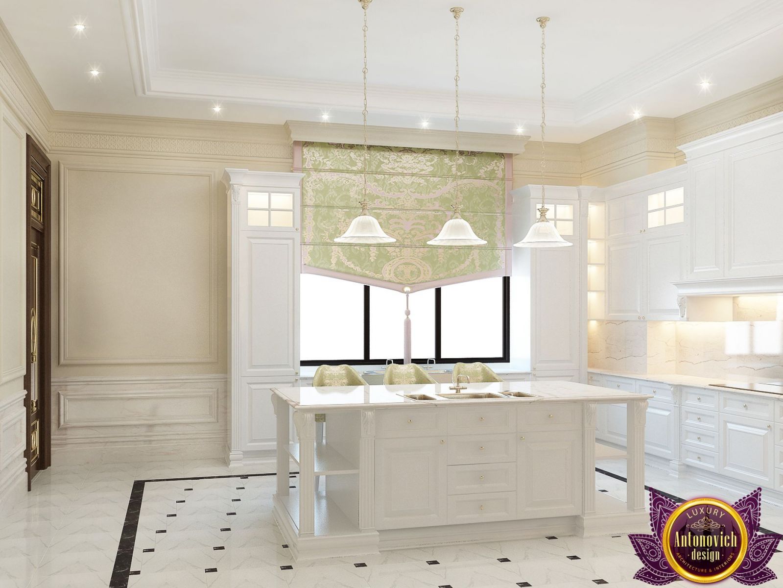 Extravagant kitchen design with chandelier by Antonovich Group