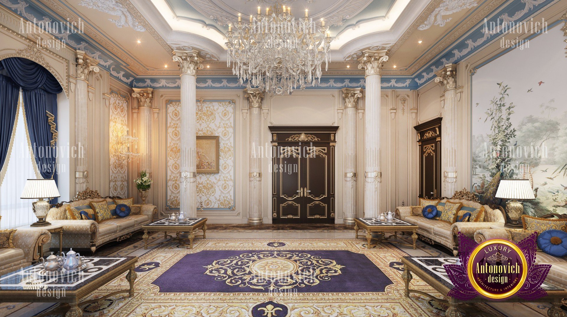 Luxurious Arabic Majlis interior with gold accents and lavish furnishings