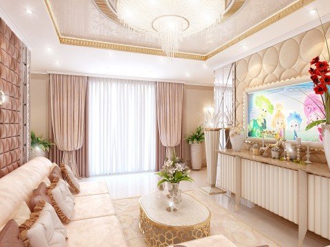 This picture depicts a modern, white-and-gold living room designed with high ceilings and ornate wall designs. The focal point of the room is an elegant, round sofa with tufted cushions in a light grey color. There is a low, round glass-top table situated in the center of the room with two gold-framed armchairs. To the sides of the room are cabinets decorated with geometric designs and off-white curtains draped across the window. The floor is covered in a light-colored rug that ties the entire room together.