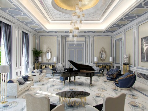 This picture is of a luxurious interior room within a home. It features a large, modern ivory sofa and matching armchair with white and black geometric design cushions, surrounded by an oversized white fur rug. In the background, there is an elegant crystal chandelier hanging from the ceiling and two large cream-colored drapes framing the windows. There are also several gold-framed wall-mounted mirrors, tables, and sculptures throughout the room completing the decor.
