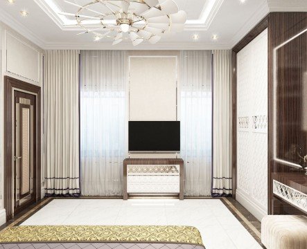 Luxury white and gold bedroom decorated with classic furniture, combining both modern and traditional design.
