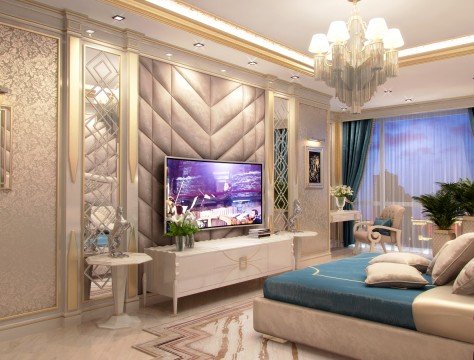 This luxurious living room features a warm and inviting atmosphere with modern touches of gold and grey decor.