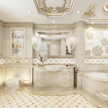 This is a picture of a luxurious master bathroom with a large black and white checkered tiled floor, a modern freestanding tub, and a glass shower surrounded by a white marble tiled wall. There are two vanity cabinets with dark wood finish and gold detailing, as well as a large mirror and two sconces for additional lighting. The walls and ceiling are painted white, enhancing the modern design of the room.