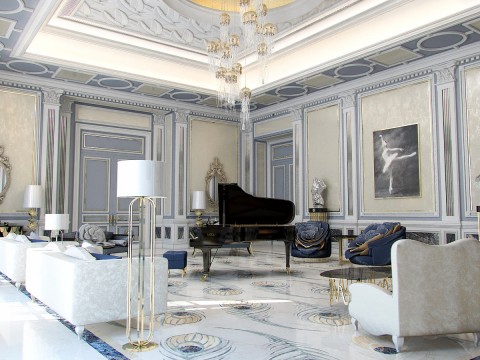 The picture shows a luxurious, intricately designed interior of a modern living space. The walls are adorned with golden and light wood paneling and the floor has beautiful marble tiles. The furniture is a combination of white leather sofas and gold and brown armchairs. A large glass window takes up most of one wall, letting in plenty of natural light. An ornate chandelier hangs from the high ceilings, brightening up the room.