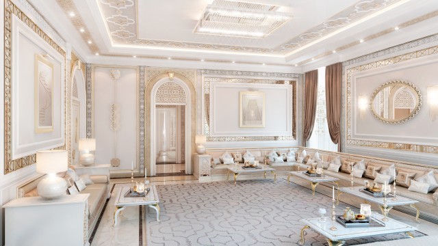 This picture shows a luxurious modern living room with a unique black and white color scheme. It features a large, comfortable-looking sofa upholstered in white leather, set atop a bold black rug. The walls are paneled with black wood and feature several wall-mounted art pieces. A round glass coffee table is situated in the center of the room, providing a spot for drinks and snacks. On either side of the sofa are two elegant armchairs with black and white fabric upholstery. The space also has cozy dimmable lighting, as well as a sleek media unit complete with