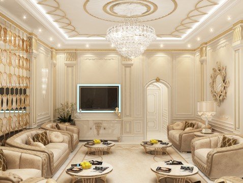 This picture shows a luxurious modern living room. The room is decorated in a light and neutral color palette, with touches of grey and gold accents throughout. The furniture pieces in the room are all modern and minimalistic, including a large L-shaped sofa, two armchairs, a round glass coffee table, and a large area rug. There is also a beautiful crystal chandelier hanging from the ceiling, as well as several pieces of artwork on the walls.