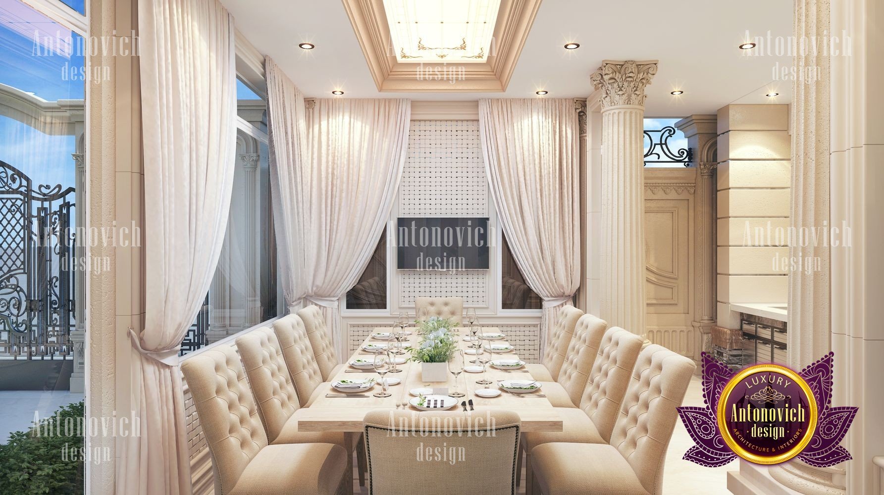 The picture shows a luxurious modern living room with a unique curved ceiling and two large chandeliers. The walls are done in white, beige, and gold paint, while the floor is covered in rich brown wood paneling. The furniture includes two dark brown leather couches, two large armchairs, and a glass coffee table.