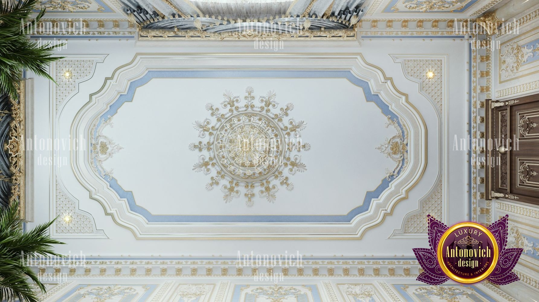 This picture shows a grand and luxurious interior design for a living room. The room is decorated in shades of white and gold with a black marble flooring. In the center of the room is an elegant white sofa and two matching armchairs surrounding a glass coffee table. There are two large and intricately designed mirrors hung on the walls flanking the sofa, and decorative curtains that frame the windows. Various decorative features like chandeliers, ornamental vases, sculptures, and artwork give the room an opulent and sophisticated feel.