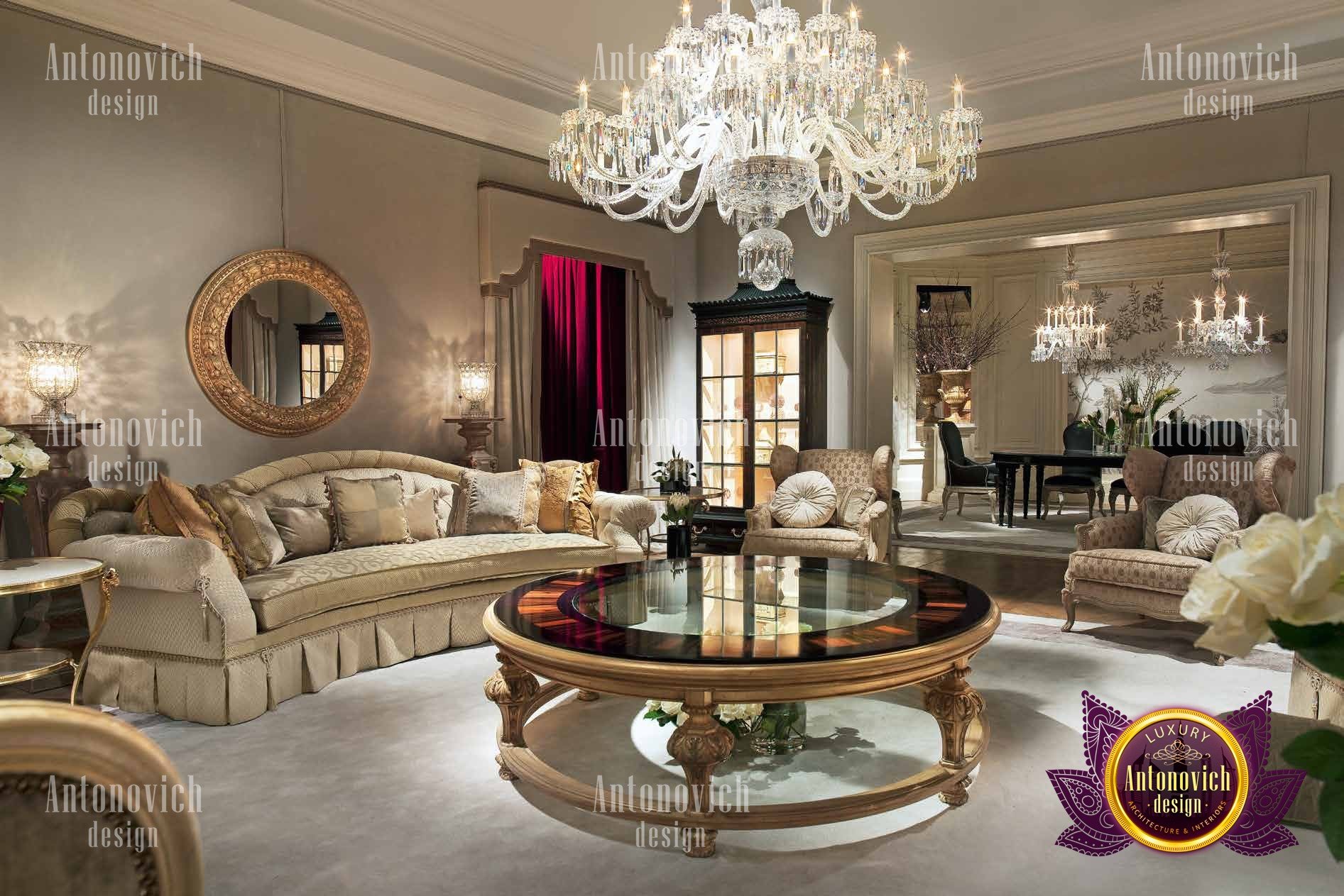 Modern living room featuring a stylish brown sofa, crystal chandelier, and wall-mounted TV framed with custom wallpaper.