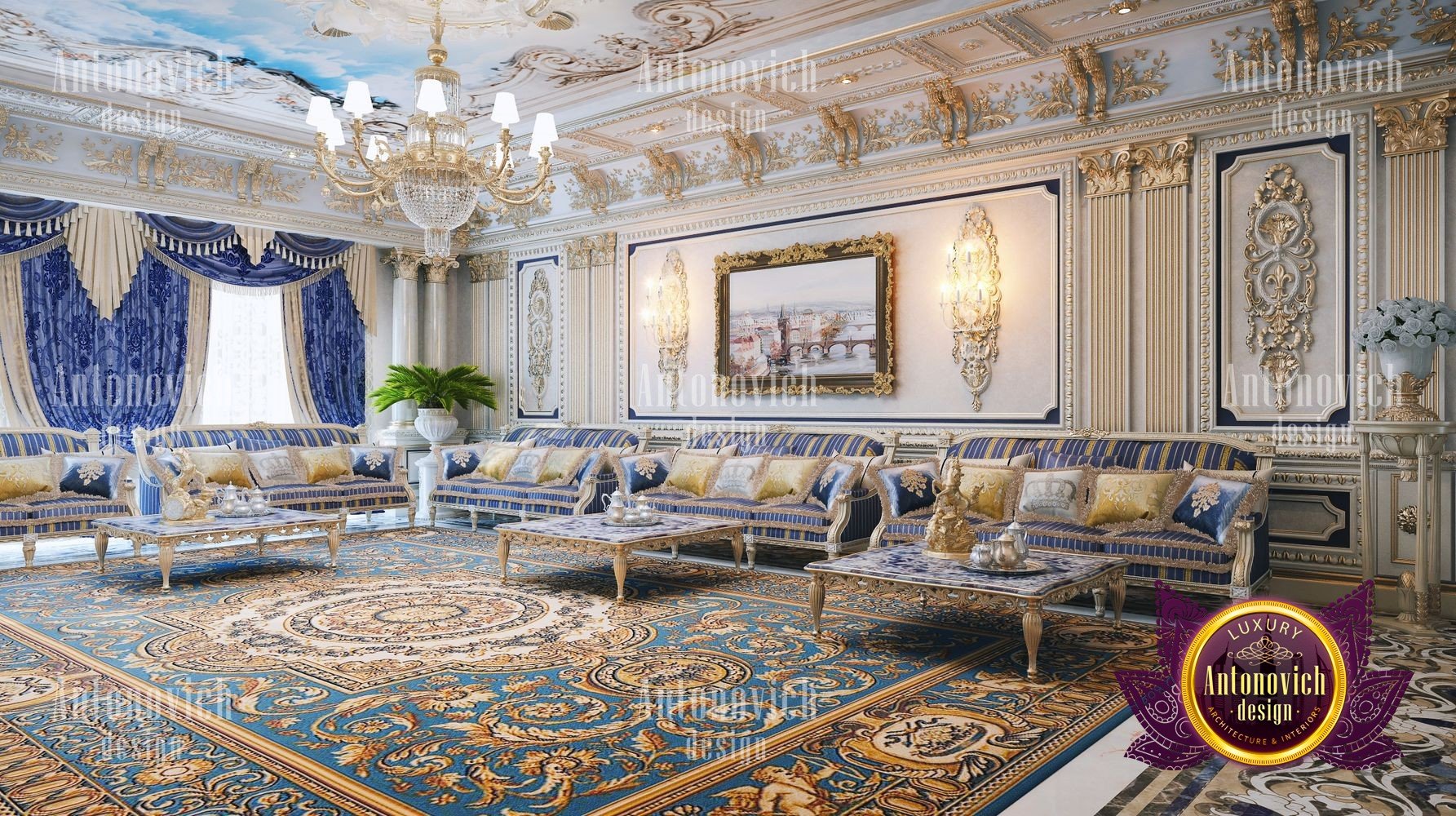 This picture is a rendering of an upscale luxury living space. It features a modern living room with an open floor plan, including beautiful marble and travertine floors, grand columns, a large flat screen television mounted on the wall and two modern capitonné gray sofas facing each other. The sofas are accented by several elegant end and coffee tables in various shapes and sizes, along with several pieces of art decorating the walls and shelf spaces. The overall effect of the room is vibrant, luxurious, and capable of hosting friends and family with comfort and grace.