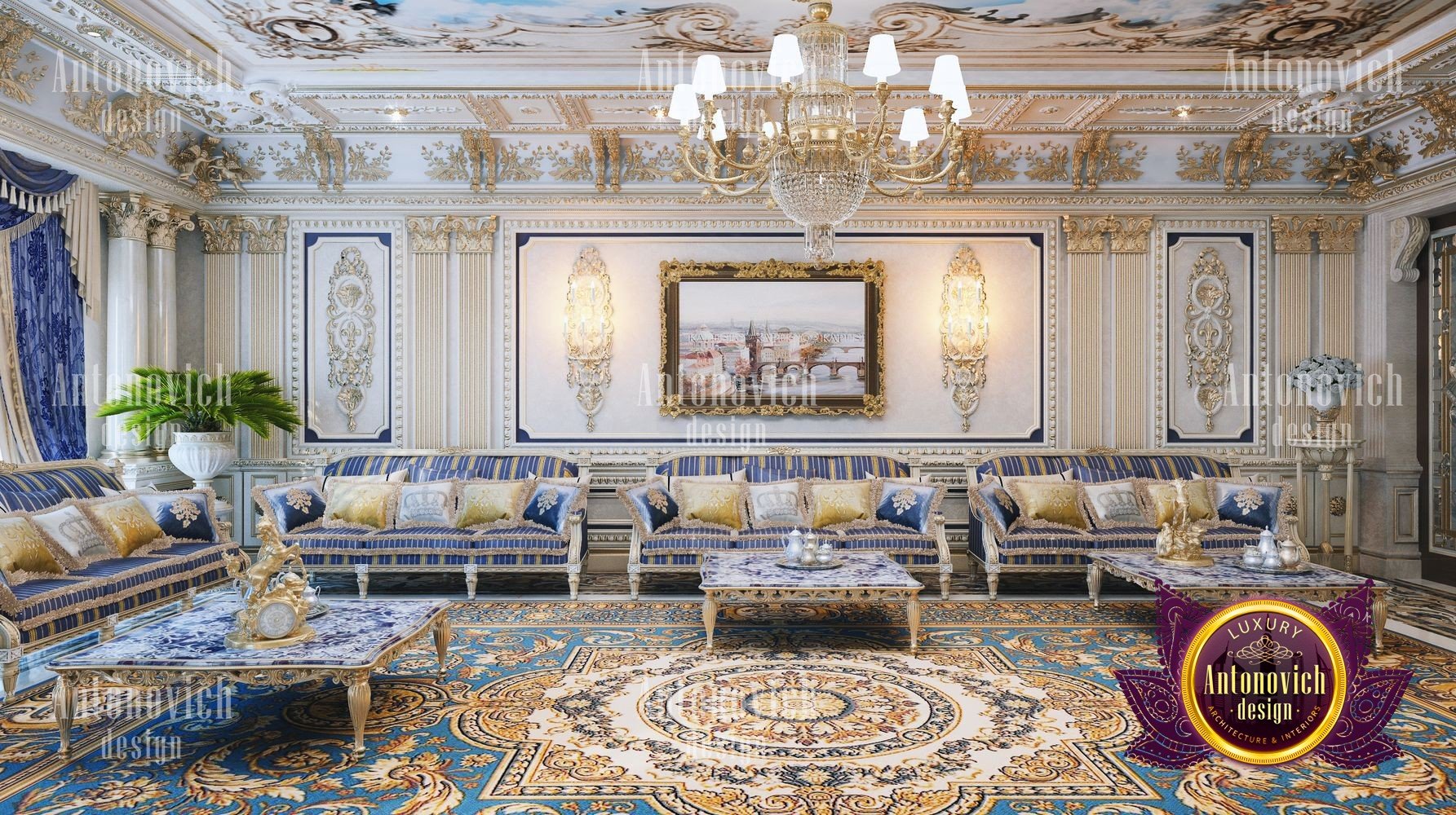 This picture shows a luxurious, modern living room. It features a white leather wrap-around sofa, a white tufted ottoman, and a black marble coffee table. The walls are painted white and the floor is covered in a taupe shag rug. There is an abstract art piece over the fireplace, and a round gold mirror hanging above it. The windows are dressed with sheer white curtains and there is a large ornate chandelier hanging from the ceiling.