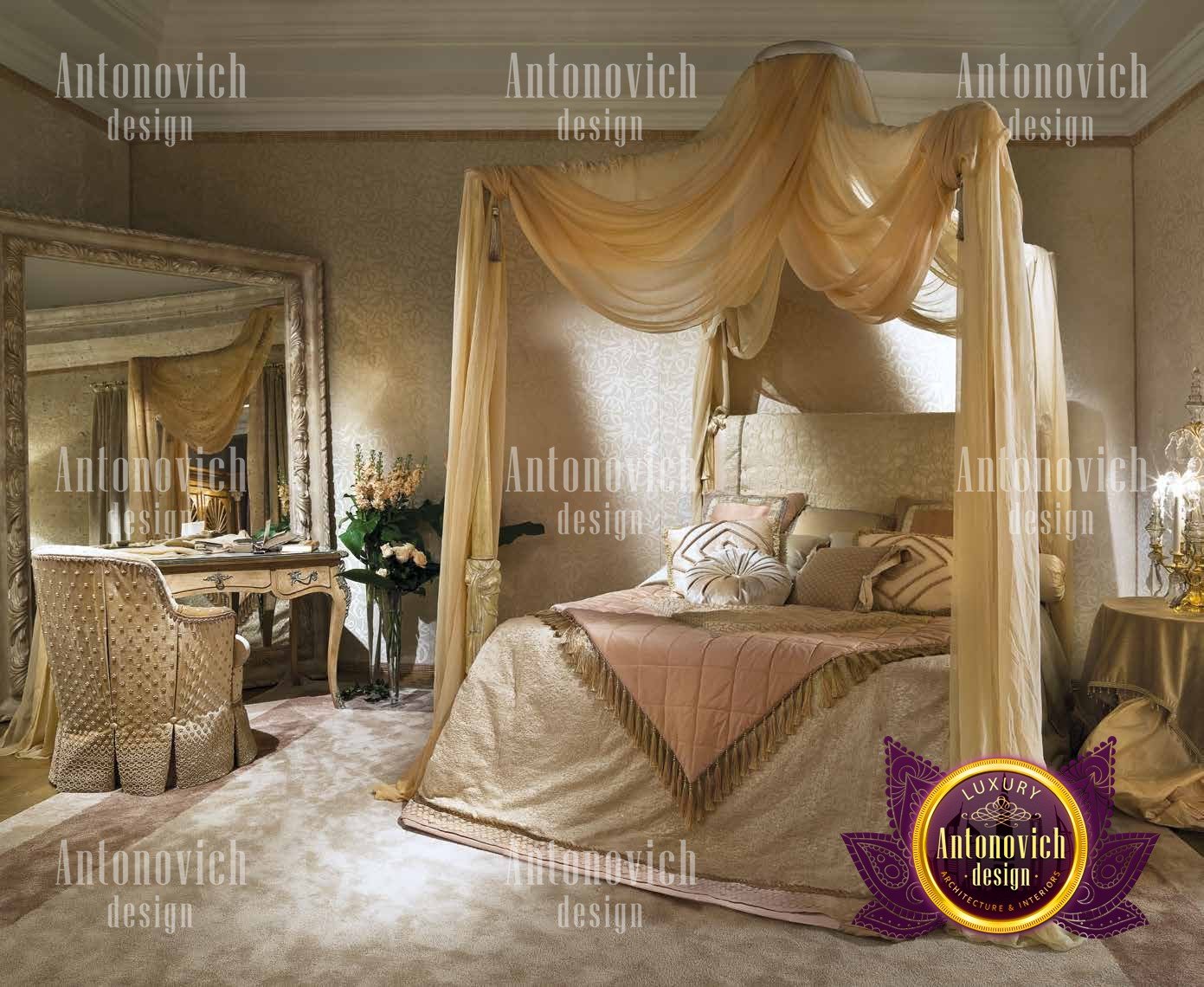 A luxurious bedroom with cream coloured walls and an immense bed area, decorated with intricate wood work and a chandelier above.