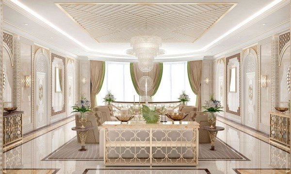 Modern style design with an ornate wall panel and white upholstered furniture adds luxury to this living room.