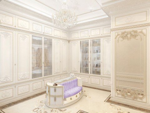 This image shows a luxurious bedroom with modern furniture, a crystal chandelier, and luxurious decor.