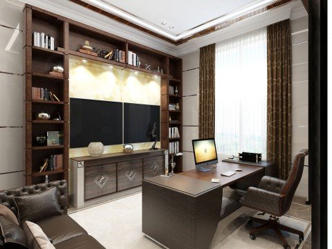 This picture shows a modern luxury bedroom designed in an understated yet opulent style. The room features a rich, warm palette of neutral colors, including white and shades of beige, cream, and brown. The walls are decorated with paneling, and large windows allow natural light to fill the room. The bed is upholstered in a light cream fabric, and features an ornately carved wooden headboard. A large mirror is hung above the bed, while two matching armchairs are placed near the large window. A grand chandelier hangs from the ceiling, and the overall