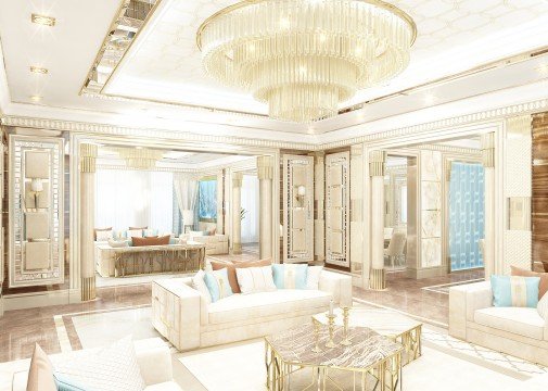 Luxurious spacious bright living room with stylish furniture, large round chandelier, grand piano and gold finishes.