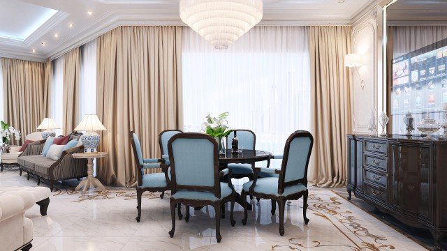 This picture shows a modern living room design with a white leather sofa, a gray armchair, and a unique round coffee table in the center. The walls are painted white and have several accent pieces such as a painting and a potted plant. The floor is covered with a cream-colored carpet, and there is a large window with sheer white curtains. The overall look is bright and airy, perfect for a contemporary feel.