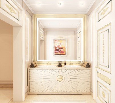 Modern luxury bedroom with exquisite interior, velvet bed, chic gold elements, elegant beige color scheme and striking chandelier.