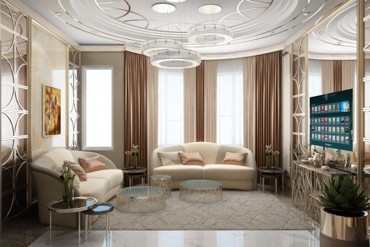 This picture shows a grand and luxurious room designed in a classic style with modern touches. The walls and furniture are painted in neutral colors, such as beige and white. On the left side, there is a large white sofa and two armchairs with gold accents. On the right, there is an elegant marble fireplace with two armchairs facing it. In the center of the room, there is a grand chandelier hanging from the ceiling and a coffee table in the middle. There are also several paintings and frames on the walls, adding to the luxurious atmosphere.