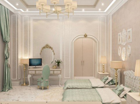 Modern luxury bedroom with dark furniture, crystal chandelier and gold fabrics, creating a sophisticated atmosphere.