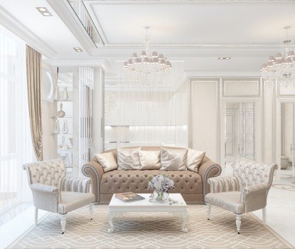 Luxurious living room with ivory walls and a beautiful ornate fireplace. Soft velvet upholstery and exquisite wooden furniture add elegance.