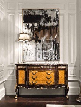 This is a classic luxury interior of a dining room with gold accents, wooden furniture and beige walls.