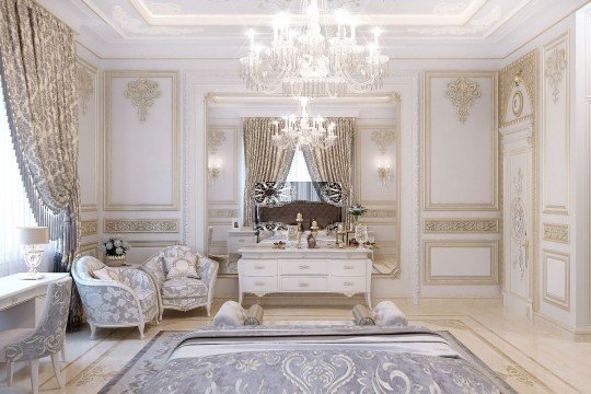 Interior design of a luxurious living room with rich furniture and gold accessories, bringing classic elegance to the modern home.