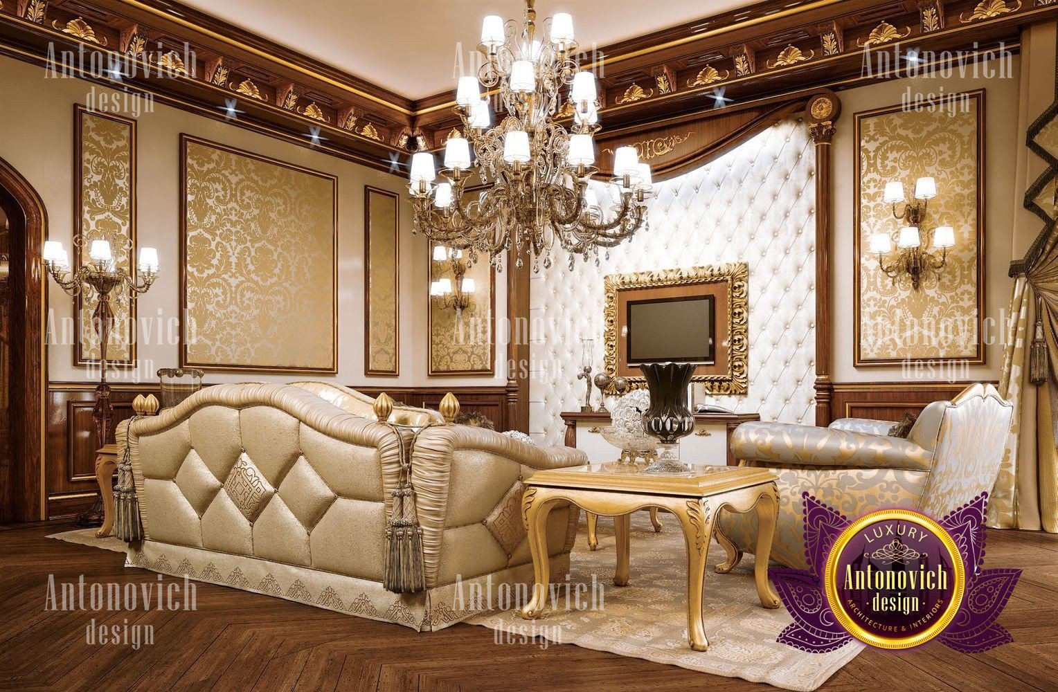 Luxurious classic interior with intricate details, featuring a stunning chandelier, luxury furnishings and wall decorations.