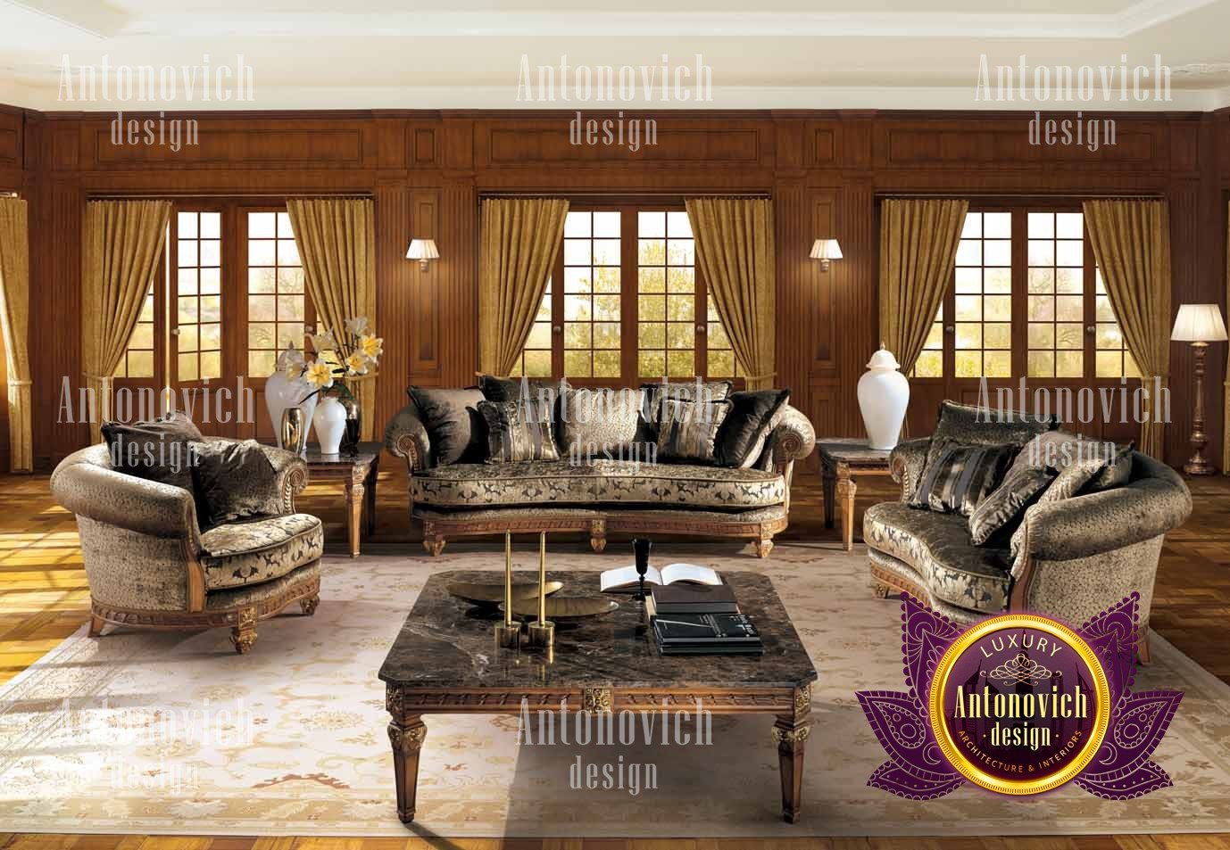 This picture shows a contemporary living room design. The room has an off-white sofa and two armchairs along with a square ottoman in the center. There is a black coffee table and a light gray rug to complete the look. The walls are painted in a light gray color, and the floor is made of wood. The room also features several art pieces and modern decor pieces, including lamps, vases and bookshelves.