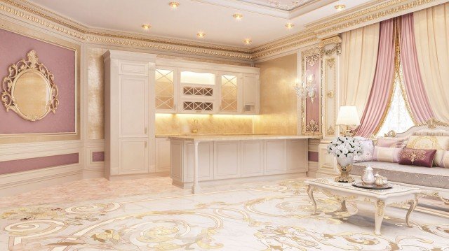 This picture is of an opulent living room designed in shades of gold, white and beige. The walls are covered with intricate gold wallpaper and the floor is tiled in travertine. There is a large white sofa with gold accents and a luxurious fluffy rug. The room is filled with geometric furniture pieces and accessories, as well as intricately carved mirrors and artwork. A grand chandelier hangs from the ceiling, adding to the sophisticated atmosphere.