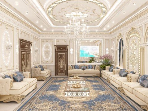 This photo shows an ornate and luxurious living room. The room is decorated with gold details, a plush carpet, large paintings, elegant furniture, and luxurious curtains. It also features a chandelier as a centerpiece, adding modern style to the room. The color palette of the room is predominantly beige, giving it a warm and inviting atmosphere.